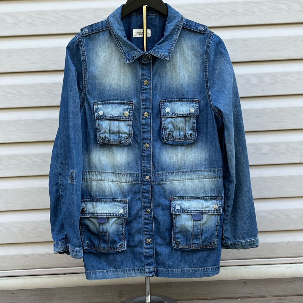 Bootlegger Distressed Woman’s Chore Jacket Oversized Snap Closure Jean Jacket